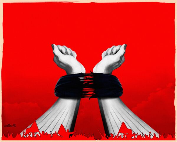 دو دست زنانه در حال پاره کردن عمامه. دست‌ها در پایین حالت برج آزادی را شکل می‌دهند که در اطراف آن تظاهرات بزرگی در جریان است. رنگ قالب این طرح قرمز است و دست‌ها سفید و عمامه مشکی به تصویر درآمده‌اند.